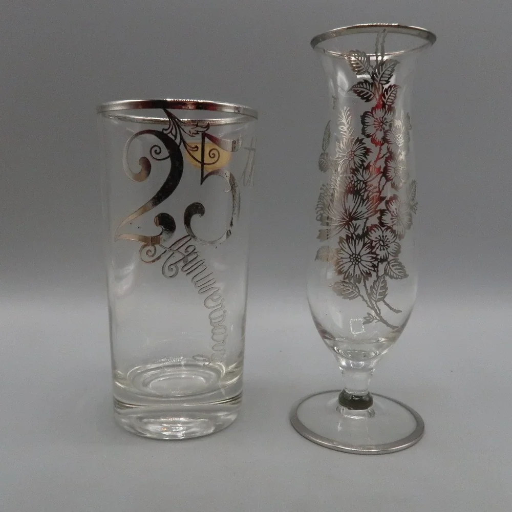 Vintage‎ Sterling Silver Overlay 25th Anniversary Glass & Vase Lot of 2